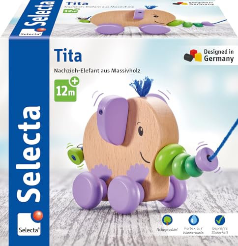 Selecta 52101 Tita, Nachzieh-Elefant, Schiebe-und Nachziehspielzeug aus Holz, 14 cm