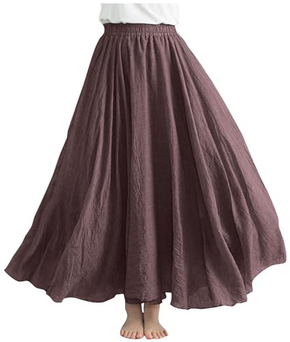 Zeiayuas Cotton Linen Skirt for Women UK A Line Maxi Skirts Elegant Casual High Waist Skirts Office Work Swing Skirts Solid Basic Skirts Long Length Party Skirts Going Out Strappy Skirts Ladies Brown