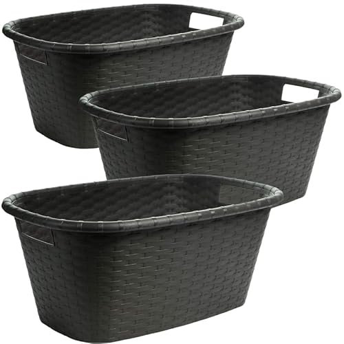 Livinja Wäschekorb, 3er Set - Schwarze, robuste Wäschewanne mit Griffen - Ideal für Transport und Aufbewahrung von Wäsche - Hochwertiger Kunststoff im Rattan-Design