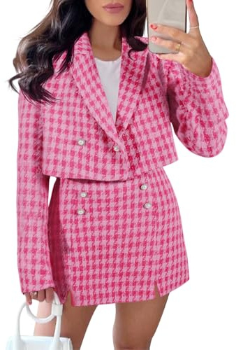 Cicy Bell Womens Cropped Tweed Blazer Sets 2 Piece Outfits and Mini Skirt Sets Business Casual Suits Bright Pink