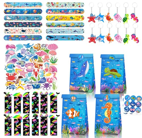 Generisch 98Pcs Meerestiere Party Mitgebsel Kindergeburtstag,12 Schnapparmband,12 Schlüsselanhänger, 12 Geschenktüten,50 Aufkleber und 12 Lesezeichen, für Mädchen Jungen Geburtstags Gastgeschenke