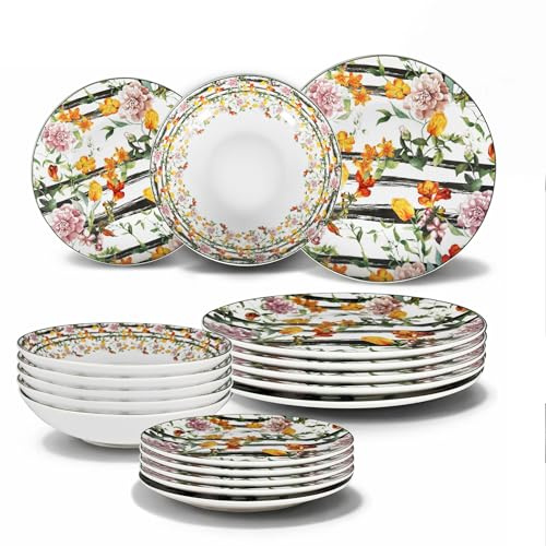 ARCA, Set 18 Piatti Coordinati Flora in Porcellana e Ceramica Decorata, Servizio per 6 Persone, con Piatti Fondi, Piani e da Dessert