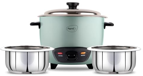 Pigeon Inox - Arrocera con olla doble, 1 litro, tapa de acero inoxidable, 400 W, 2 ollas de acero, taza medidora, espátula, cocina de bajo consumo