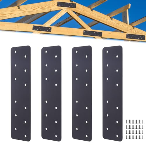 4 Pcs Straight Steel Plate, I Shape Flat Bracket (Actual 11.8“L x 3”W), Heavy Duty Black Flat Straight Mending Bracket Plate for 4x4,6x6Repairing House Beams, Furniture, Gazebos, Truss Frames