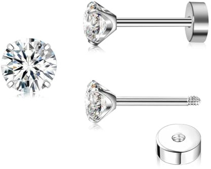 ZDE Titan Damen flache Ohrringe für Frauen Zirkonia Ohrstecker 3mm/4mm/5mm flache zurück Ohrringe hypoallergen Knorpel Flatback Ohrring Schmuck