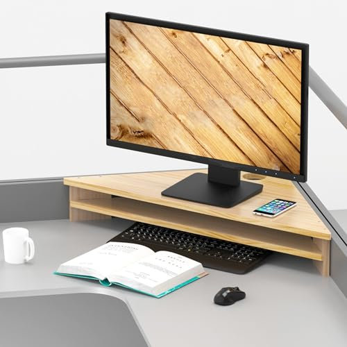 WOTZOV Eck-Monitorständer, 2-stufige Laptop-Monitorregale mit Stauraum, dreieckiger Schreibtischaufsatz aus Massivholz für Monitore, Stabiler Eck-Monitorständer für Besprechungs