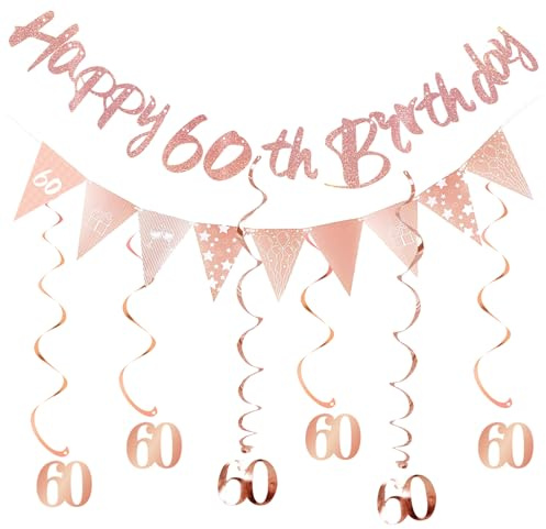 ALEGRE Deko 60 Geburtstag Frau, Girlande 60 Geburtstag Deko Spirale Set,Luftschlangen 60 Geburtstage Frauen Deko,Banner 60. Geburtstage,Spiralen Geburtstagsdeko 60 Jahre,60er Geburtstags Deko Roségold