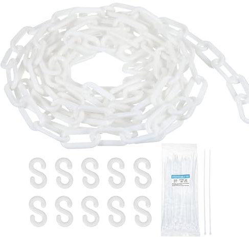 sourcing map Cadena de plástico de 15,5 m, cadena de seguridad de plástico blanco, barrera de eslabones con bridas de cremallera y ganchos en S para decoración de valla de línea de cola de control de