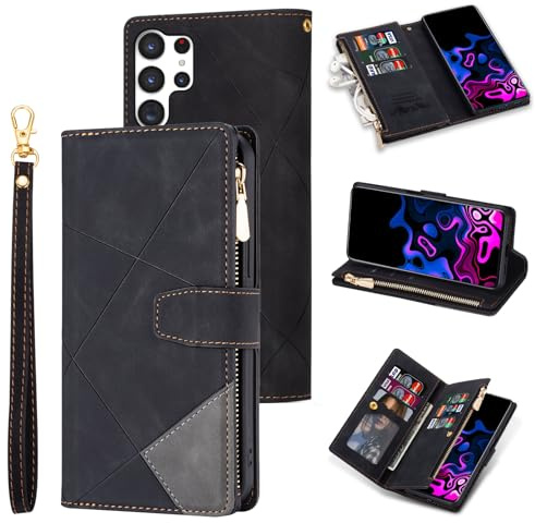 UEEBAI Wallet Case for Samsung Galaxy S25 Ultra 5G, Retro 9 Card Holder Slots Zipper Pocket Handbag Case PU Leather Magnetic Closure Kickstand with Wrist Strap TPU Shockproof Flip Case - Black