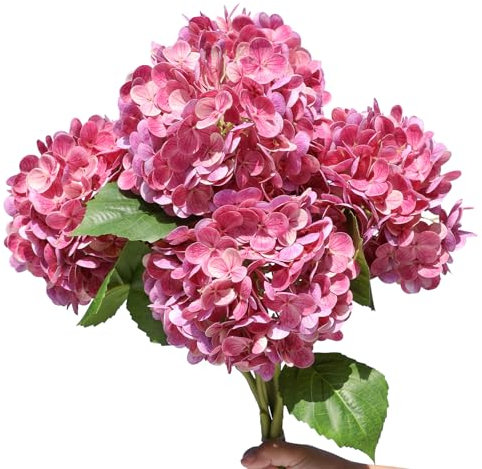 dallisten 5PCS 20'' Rose red Artificial Hydrangea Flowers Latex Faux Hydrangeas Real Touch Silk Hydrangea with Stems for Home Decor Weddings Table Floral Arrangements Centerpieces Party Decorations