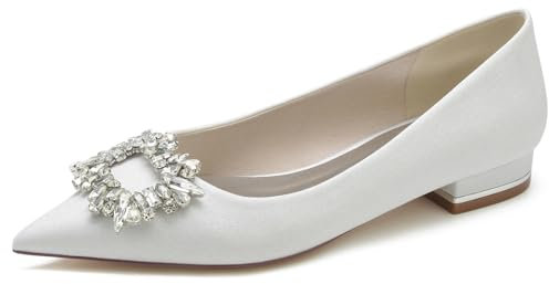 Zapatos De Novia De Punta Puntiaguda para Mujer con Diamantes De Imitación Cuadrados Sin Cordones Purpurina Zapatos De Vestir De Boda Tacón Bajo Bailarinas,Blanca,38 EU