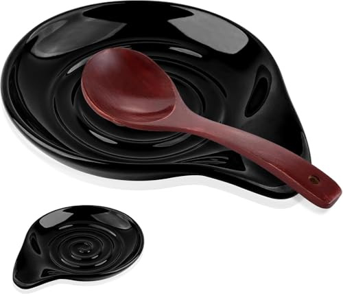 Spoon Rest for Stove Top, Handcrafted Glazed Stoneware Spoon Holder – Heat Resistant, Modern Farmhouse Kitchen Decor Accessories for Spatula, Spoons or Tongs Dishwasher Safe (5 Inch) (Black)