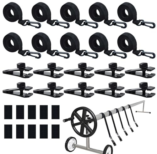 30Pcs Upgraded Pool Solar Cover Reel Straps Pool Cover Reel Attachment Straps Pool Reel Straps Kit Including 10 Solar Cover Reel Blanket Straps with Hooks,10 Pool Cover Clamps,10 Touch Fastener