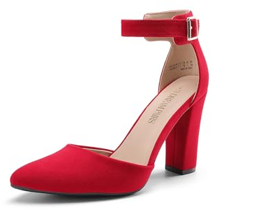 DREAM PAIRS Escarpins à talons hauts et carrés pour femme - Chaussures de mariage et de fête - Bout pointu fermé - Bride à la cheville, Rouge, 41 EU