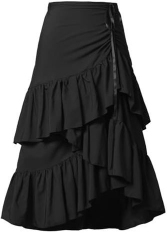 CAMDOM Kvinnors lager volang kjol hög låg asymmetrisk fåll midikjol dragsko midja en linje blommig sommarkjol, Svart, XL/XXL