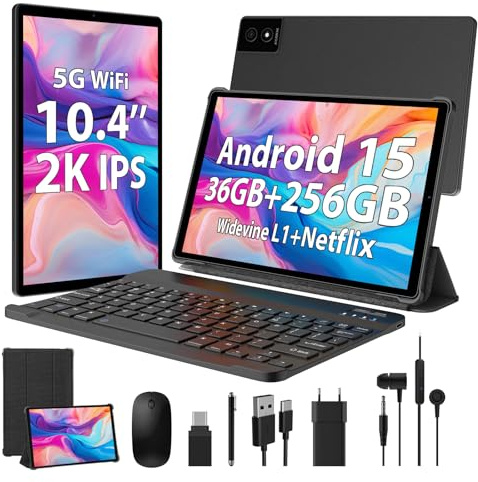 WOREGOO 10.4 Pouces Tablette Android 15, 5G WiFi, 36GB RAM+256GB ROM(1TB TF), 2000x1200 FHD, Octa-Core, Widevine L1/8000mAh/8MP+13MP/BT5.0/GPS/GMS, avec Clavier et Souris, Noir