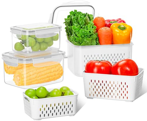 VINATO Set 3 Contenitori Frigo con Cestello Scolapiatti, (0.8+1.7+3.15L) Scatole Ermetiche da Frigo, Scatola per la Selezione Delle Verdure per Microonde/Lavastoviglie