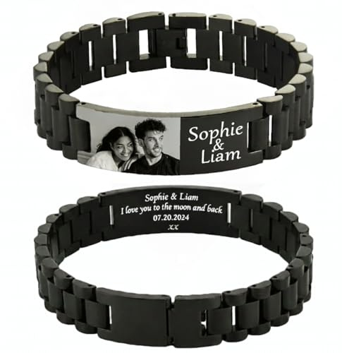 Mandore Designs® Personalised Engraved Black Metal Photo Bracelet With Custom Text, Adjustable Size Tool & Gift Box. Perfect Christmas & Father’s Day Gift For Dad Or Grandad