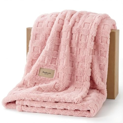 Bedsure Light Pink Throw Blankets for Women - GentleSoft Waffle Cozy Blanket for Sofa Couch Bed Room Decor, Super Fluffy Fleece Checkered Throw for Girls, Warm Cute All Season Gift, 50x60 Inches