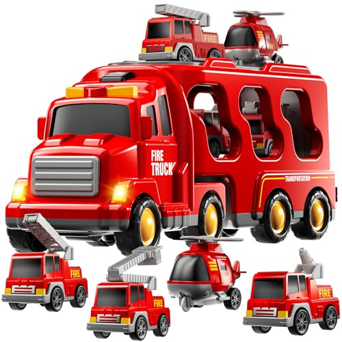 JUKUDAHU Feuerwehrauto Spielzeug Set für Jungen 3-8 Jahre | 5-in-1 Transport-LKW, Mit Sprinkler, Leiterwagen, Feuerauto, Hubschrauber, Für Kinder 3 4 5 6 7 8 Jahre