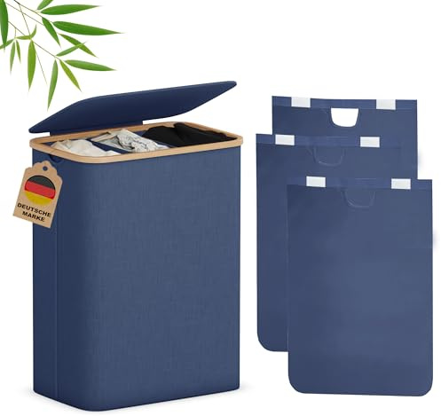 AdelDream 160L Wäschekorb mit Deckel, 3 Fächer Wäschesammler, Bambusrahmen | Wäschesortierer 3, abnehmbarer Sack, atmungsaktiv, Blau