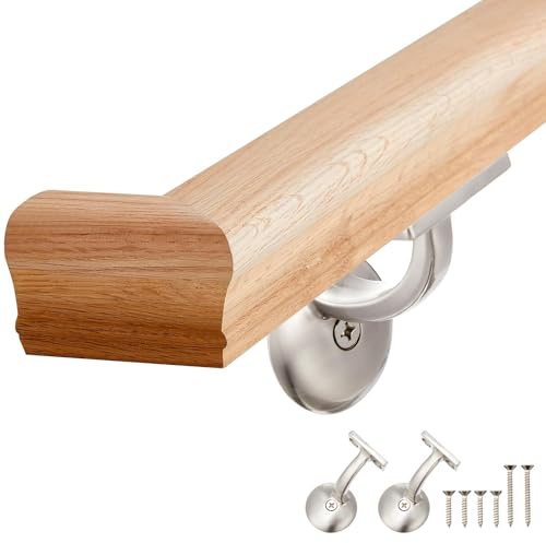 Maasechs 6010 - Kit de pasamanos de roble rojo de 3 pies con retornos de pared y soportes de montaje en pared, pasamanos de madera para interiores, incluye tornillos para barras, pasamanos de pasillo
