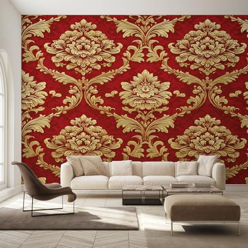 Générique Papier Peint Panoramique Damas Doré, Papier Peint Floral Vintage Baroque Fond pour Chambre Wallpaper, Fresque Murale pour Salon Salle Deco Murale, 100x70cm D&O114