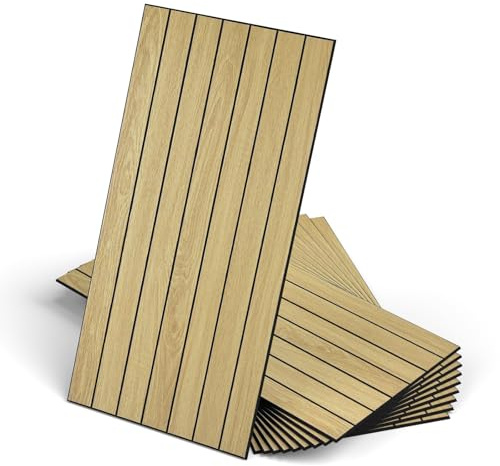 WADILE Panneaux Muraux à Lattes Bois Autocollants 30×60 cm – Panneaux Muraux Décoratifs en PVC Insonorisants pour Salon et Chambre – Lot de 20