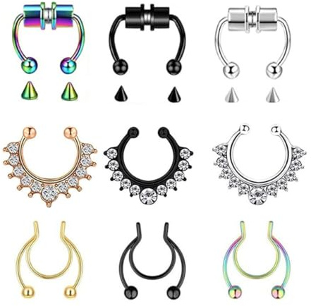 JOINPAYA 9 Pièces Bijoux de Nez Faux Piercing en Acier Inoxydable avec Cristaux, Confortables et Hypoallergéniques, Style Élégant pour Fêtes et Décorations Urbaines