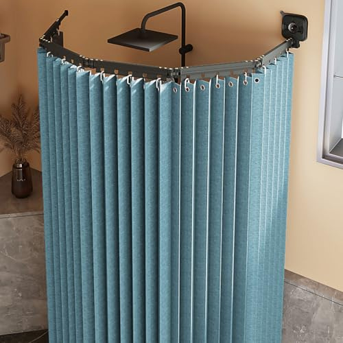 Tenda da doccia pieghevole impermeabile antimuffa con asta a forma di U e ventose, installazione senza fori, tessuto di lino, blu, ideale per docce ad angolo, 3 pieghe