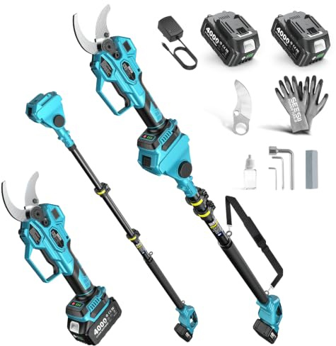 Potatore telescopico 2-in-1 SEESII: potatore elettrico cordless con diametro di taglio da 40mm, 2 * 4,0 Ah batterie, lama SK5 di ricambio inclusa e 4 modalità di taglio regolabili per alberi e piante