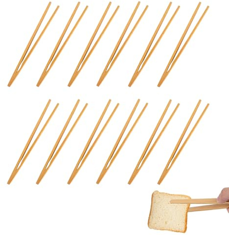 12 stycken bambu-kökssaltänger av naturligt trä, naturliga bamburostade tonger, bambukökstång för matlagning, för rostat bröd, sallad, grill, te, bakning och mångsidiga köksapplikationer