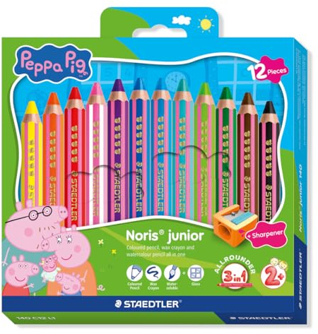 STAEDTLER Noris junior Buntstifte Peppa Wutz 12er Set - 3 in 1 Wachsmal-Aquarellstifte für vielseitige Untergründe - Extra weiche Farbminen für intensive Farben - Ergonomische Kinderstifte