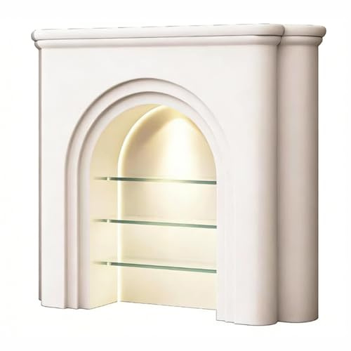 Armoire de cheminée décorative avec éclairage LED et étagères, rangement arqué moderne Manteau de cheminée(Blanc,Moyen)