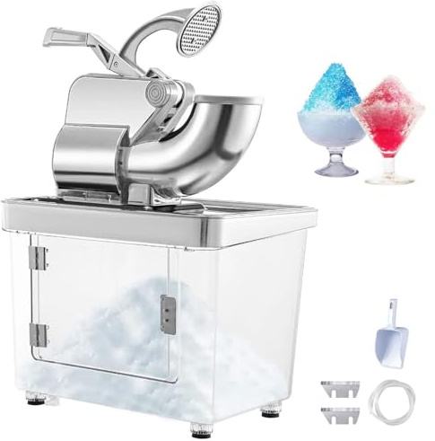 Máquina trituradora de hielo comercial, máquina eléctrica de cono de nieve de 350 W con cuchillas dobles, máquinas de afeitado de hielo con capacidad de 300 kg/h con caja de almacenamiento acrílica