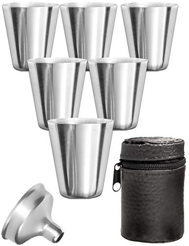 Outdoor Saxx® - Set di 8 tazze in acciaio inossidabile, 6 bicchieri infrangibili, bicchieri da grappa in metallo, con imbuto di riempimento e borsa in pelle