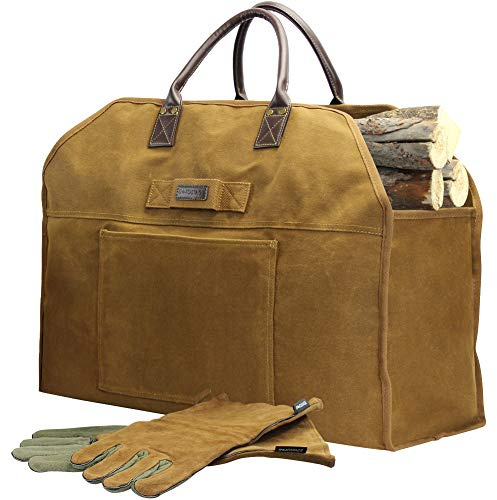 INNO STAGE Firewood Log Carrier Bag Waxed Canvas Tote Holder with Fireplace Pure Leather Gloves for Hay Hauling Outdoor Camping, BBQ Barbecue