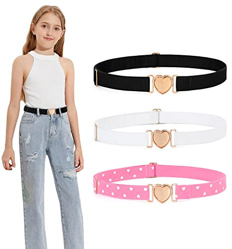 WERFORU 3 Pack Elastische Stretchgürtel für Mädchen, modisch, niedlich, verstellbare Herzgürtel, Schwarz/Rosa/Weiß