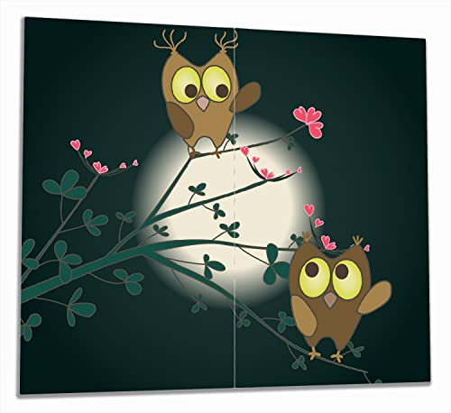 Wallario Herdabdeckplatte/Spritzschutz aus Glas, 2-teilig, 60x52cm, für Ceran- und Induktionsherde, Süße verliebte Eulen auf dem AST bei Nacht im Mondschein