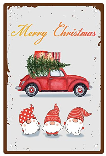 CREATCABIN Carteles de Chapa Retro Estilo Vintage Feliz Navidad Camión Rojo Holly Cartel de Metal para el Hogar Café Bar Pared Cocina Arte de la Pared Decoración Interior Exterior Placa