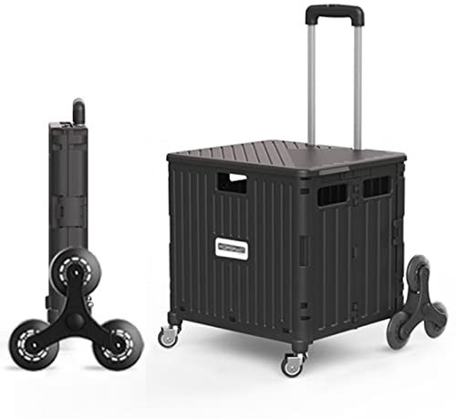 Einkaufstrolley Klappbar, Einkaufswagen Kunststoff Faltbar, Transport Trolley Treppensteigen 35Kg Tragkraft, Transportwagen Einkaufskorb Mit Deckel, Teleskop Griff, 8 Rädern,Schwarz
