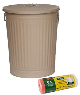 Jinfa Juego de 1 cubo de metal con asas y tapa + 30 bolsas de basura | Beige | 62L