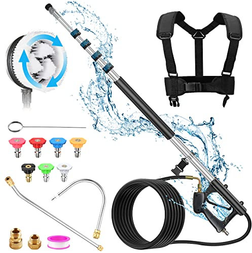 Aihand Pressure Washer Extension Wand, 24FT Telescoping Power Washer Wand with Gutter Tools & Rotatable Brush Cleaner Attachment, 7 Spray Nozzle Tips, 2 Hose Inlet Adapters & Belt Harness, 4000 PSI