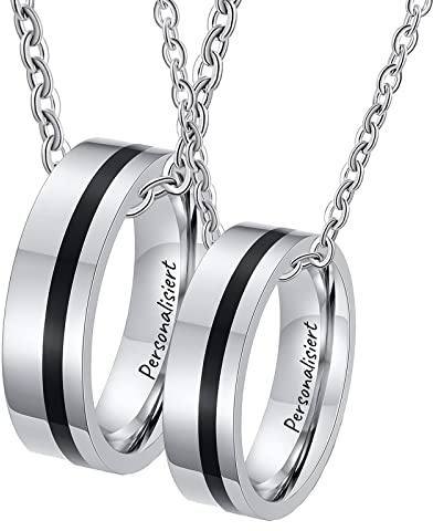 Bishilin Pärchen Halskette mit Gravur Edelstahl, Partnerkette Anhänger Ring 6MM mit Emaille Halskette für Paare 2 Stück