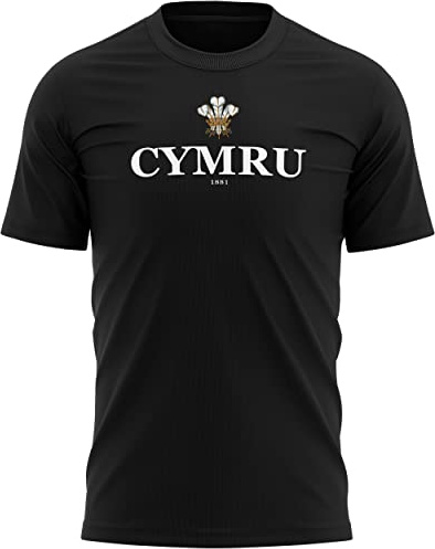 Cymru - Maglietta da uomo, da rugby, motivo: Principe di Galles Nazioni Galles, Nero , M