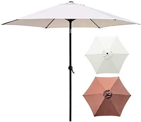 XIAOYUE 2,3 m Terrassenschirm, runder Gartenschirm, Outdoor-Tisch-Marktschirm mit Druckknopf-Neigung/Kurbel, 6 Rippen, für Deck, Hinterhof, Pool und Strand, weiß