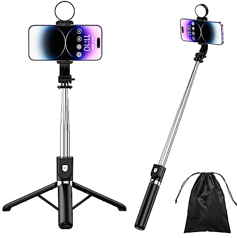 H.May Palo Selfie con Luz de Relleno, 4 en 1 Palo Selfie Trípode Reforzado Estable, 130cm Extensible Selfie Stick Trípode Teléfono Flexible con Mando Compatible con iPhone, GoPro, Cámara, Negro