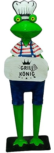 ETC lustiger Deko-Frosch Garten-Frosch Dekofigur Grillfrosch mit Kochmütze und Schild GRILLKÖNIG Metall bemalt
