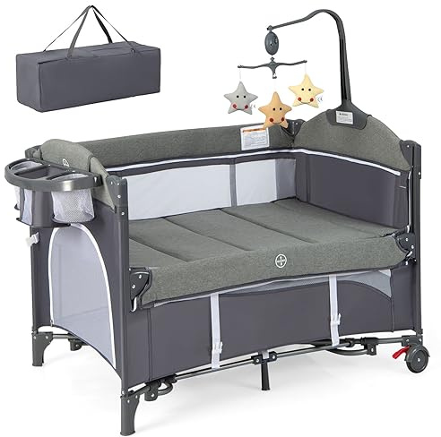 RELAX4LIFE 5 in 1 Lettino Neonato, Lettino da Campeggio con Fasciatoio e Cintura di Fissaggio, Altezza Regolabile in 4 Livelli, Adatto a Bambini 0-36 Mesi, 110 x 76 x 82,5cm (Grigio)