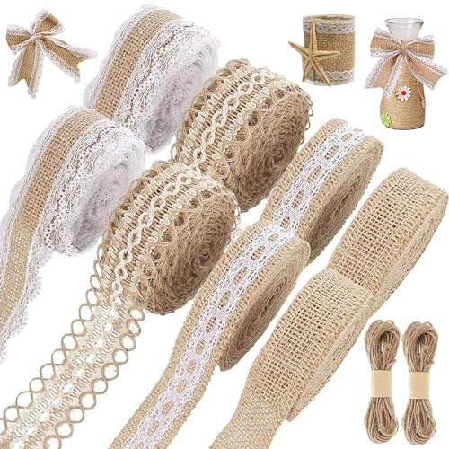 8 Rollen Juteband Vintage Spitzenband, Juteband mit Spitze, Jute Bänder